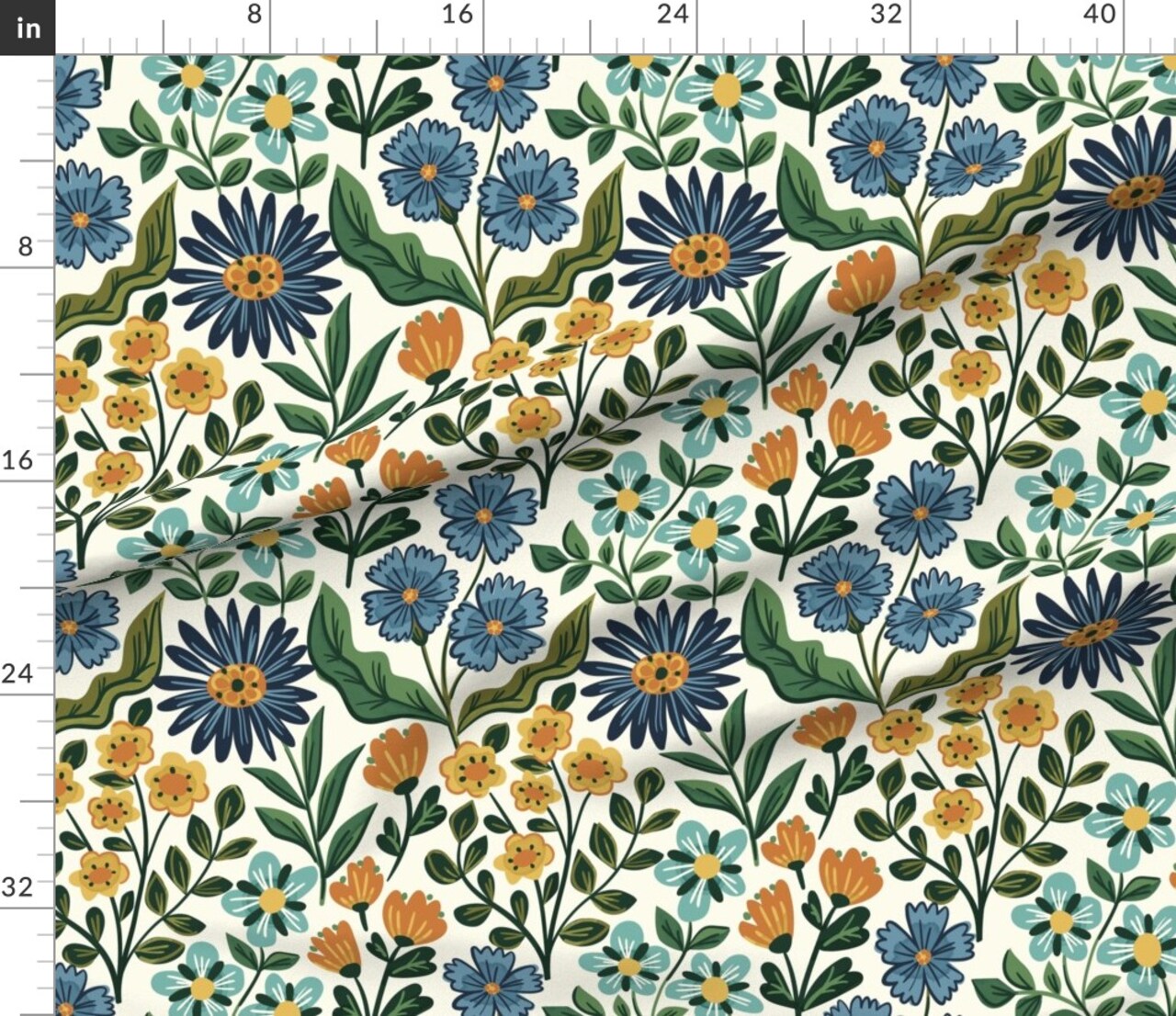 Wildflower Graceful Flowers Blossoms Petals Blue Green Orange Marigold Daisy Custom Printed Fabric by Spoonflower Various Fabrics by the Yard or Fat Quarter